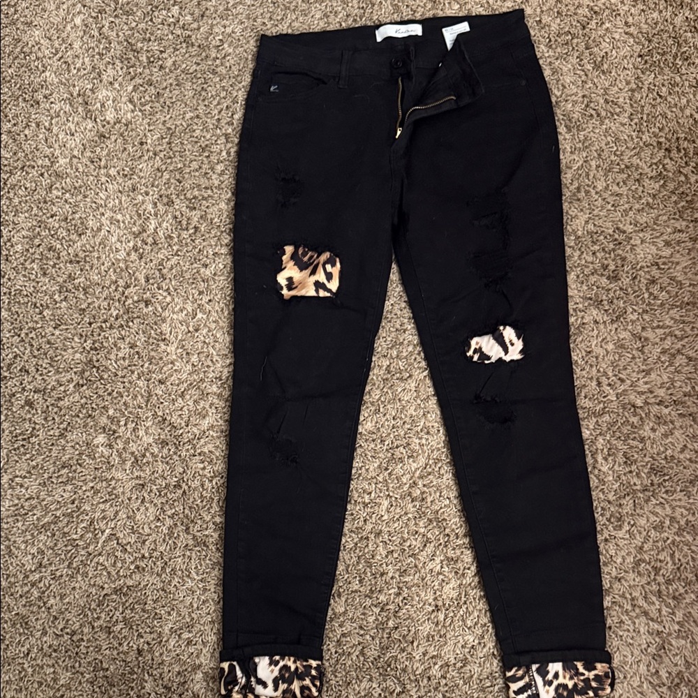 KanCan Black Skinny Jeans with Leopard Patch Details